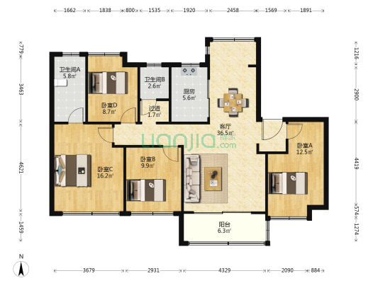 新保弘领东苑B区 4室1厅2卫 142平方