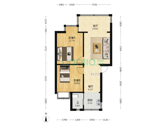 电信小区后院 2室2厅1卫 54平方