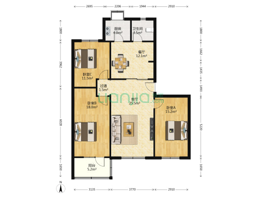 烟草宿舍 3室2厅1卫 113平方