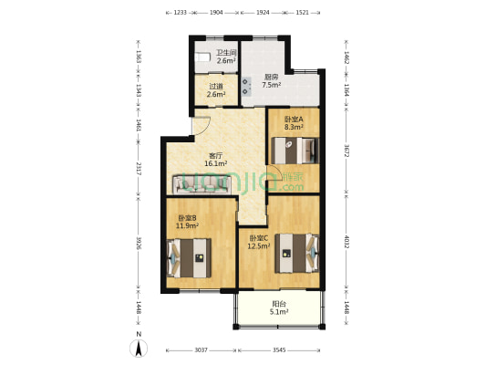 联通家园 3室1厅1卫 77平方