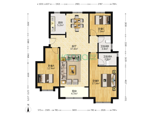 星河领御 3室1厅2卫 115平方