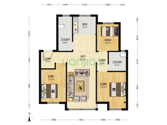 金南花苑二期 3室1厅2卫 127平方