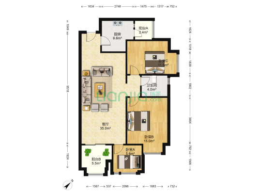 华润橡树湾B区 3室1厅1卫 62平方
