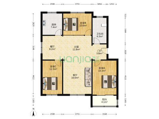 亚东花园 3室2厅1卫 119平方