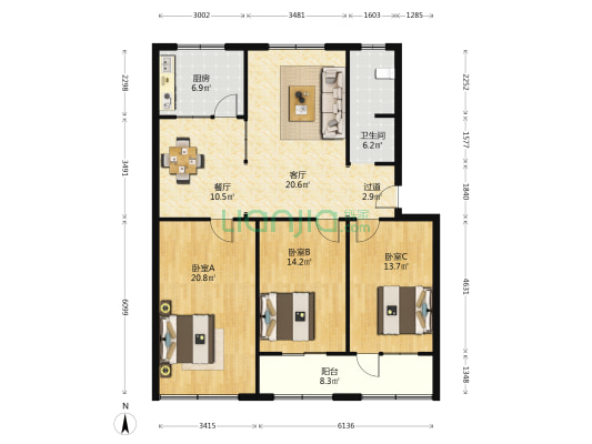 诚信小区 3室2厅1卫 128平方