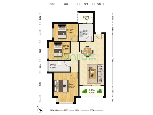 御湖豪庭 3室1厅1卫 86平方