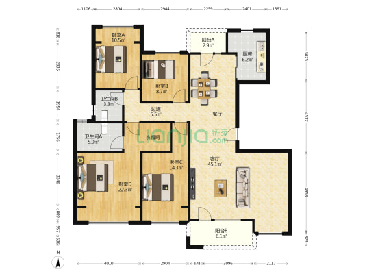 电建地产长运东安 4室1厅2卫 147平方