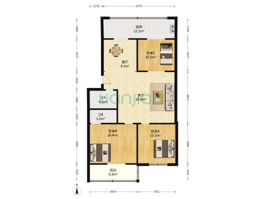 电力勘测设计院宿舍 3室2厅2卫 112平方