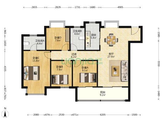 银城孔雀城天荟 4室1厅2卫 128平方