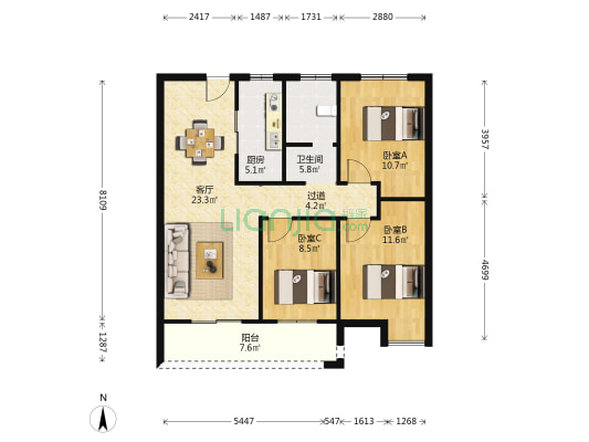 清能清江锦城玥园 3室1厅1卫 104平方