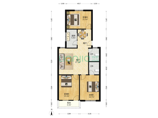 淡水水产研究所宿舍 3室1厅2卫 103平方