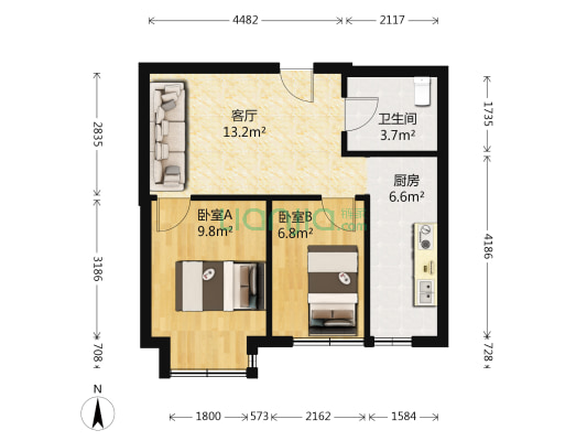 巴塞罗那皇家特区 2室1厅1卫 56平方