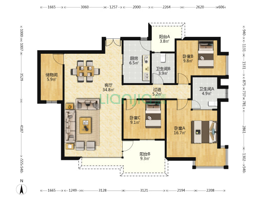 华茂欣园 3室1厅2卫 131平方