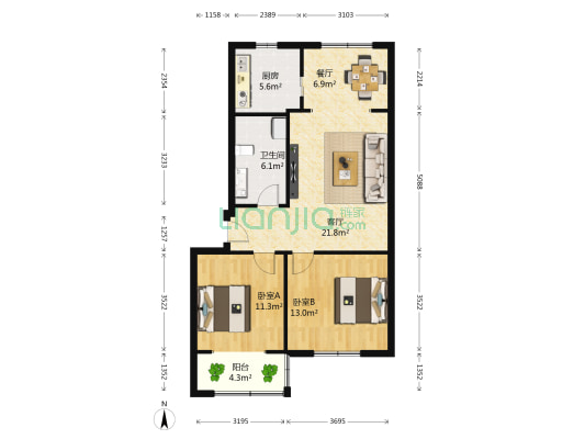 成飞817小区 2室2厅1卫 81平方