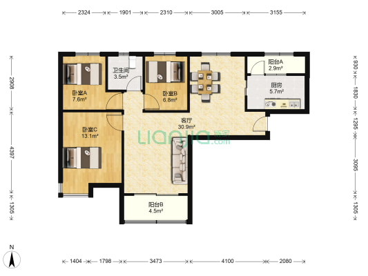 恒大名都馨园 3室1厅1卫 107平方