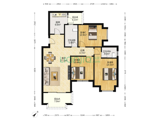 时代都汇E组团 3室1厅2卫 109平方