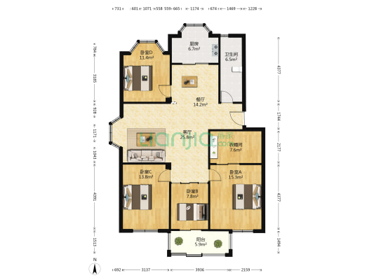 海龙公寓 4室2厅1卫 133平方