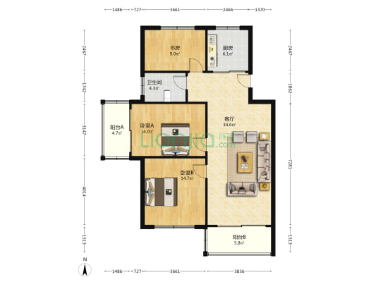 新东A区回迁小区 3室1厅1卫 114平方