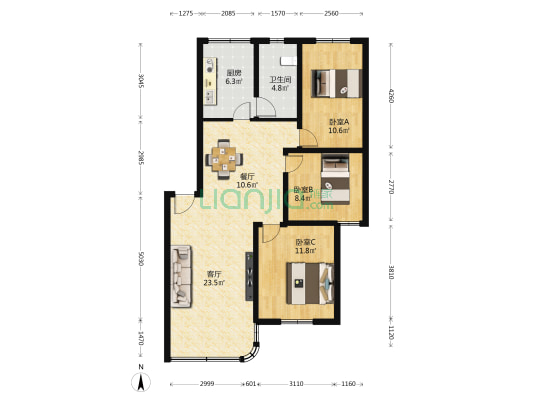 东方新地 3室2厅1卫 92平方