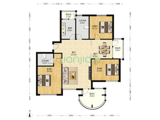 江新苑小区 3室2厅2卫 151平方
