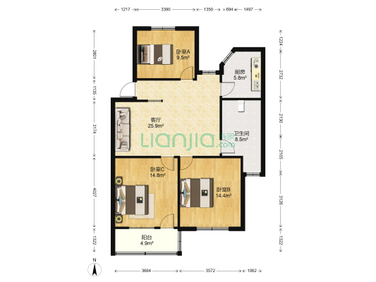 昆北公寓 3室1厅1卫 102平方