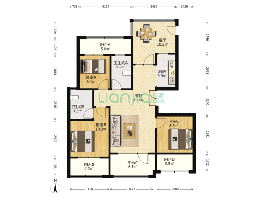 祥联大河原著 3室2厅2卫 96平方