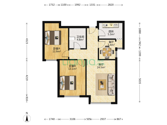 鸿坤北区，中间层，新本，采光好。-户型图