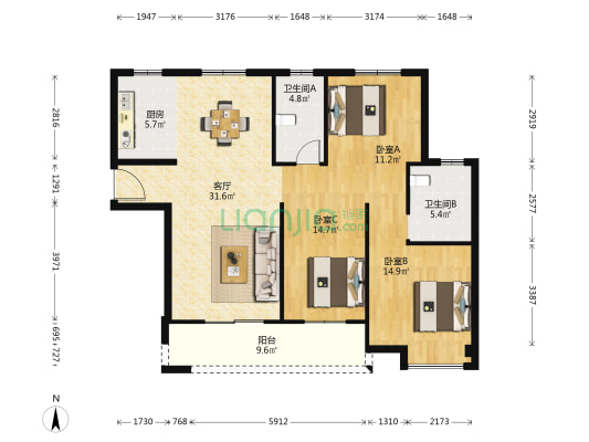 南岸一期 3室1厅2卫 128平方