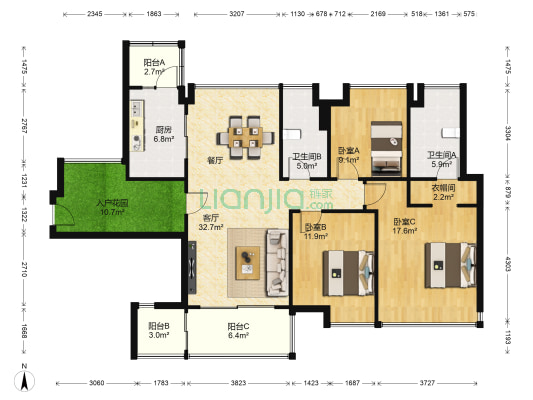 时代山湖海 3室1厅2卫 119平方