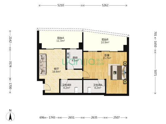 中融大名城 1室1厅2卫 86平方