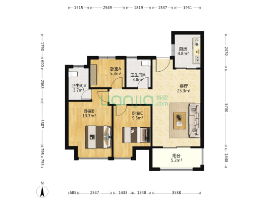 中海光谷锦城 3室1厅2卫 91平方