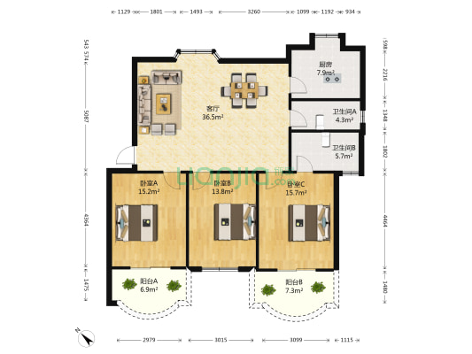 东方花园B区 3室1厅2卫 121平方