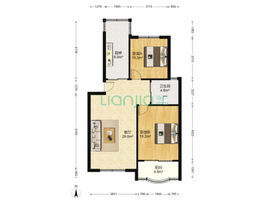 源梦苑 2室1厅1卫 85平方