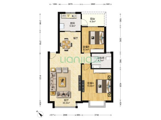 蔚蓝花城A区 2室1厅1卫 89平方