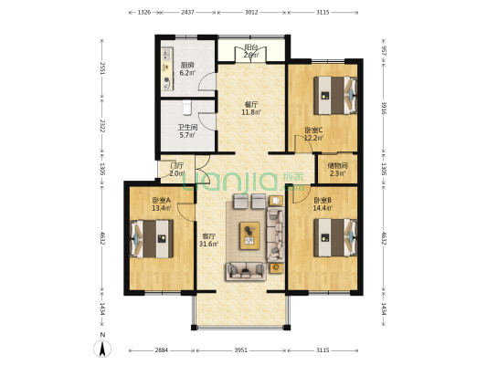 集萃花园 3室2厅1卫 132平方