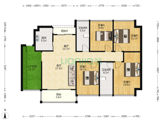紫薇银座 4室2厅2卫 123平方