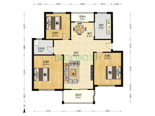凤凰城 3室2厅1卫 113平方