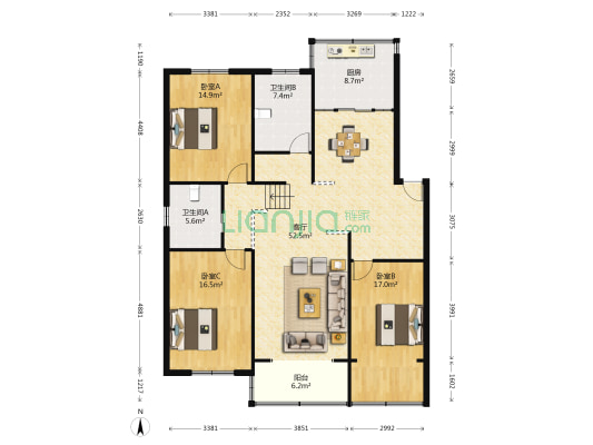 虹丰花园 3室1厅2卫 147平方