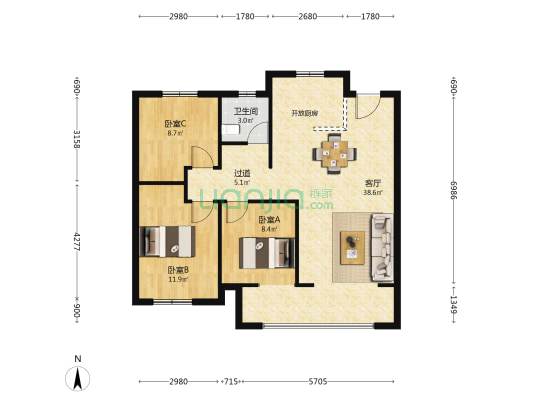 湖岸兰庭 3室1厅1卫 97平方
