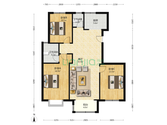 天地新城小区环境好 采光好 视野好 南北通透3居室-户型图