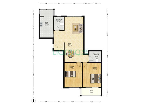 五洲大厦 2室1厅2卫 122平方