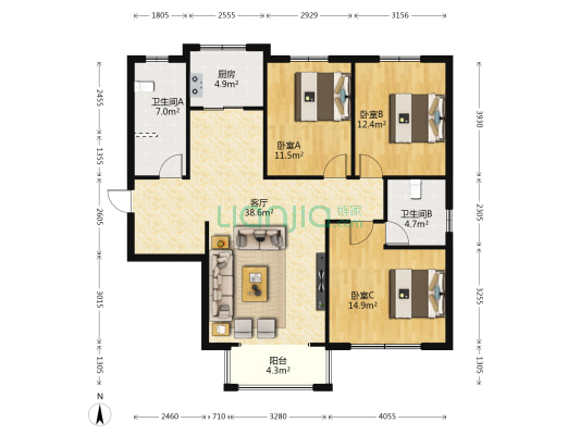 天地惠城东区 3室1厅2卫 135平方