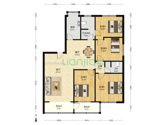 上民航宿舍 4室2厅2卫 142平方