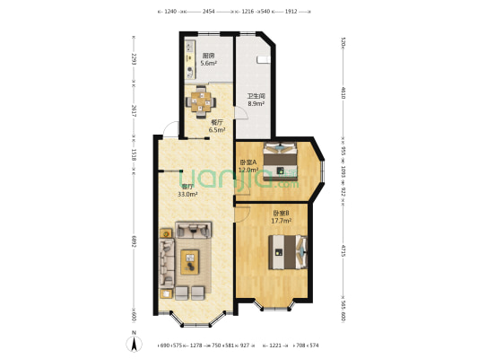 玫瑰园小区 2室2厅1卫 91平方