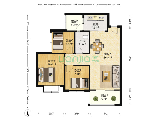 恒大帝景 3室1厅1卫 94平方