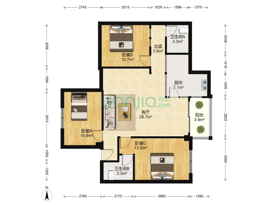 大唐世家二期 3室1厅2卫 105平方