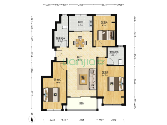 星河胥江新著 3室1厅2卫 104平方