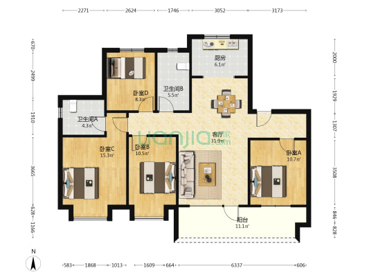 保利云禧一期 4室1厅2卫 129平方