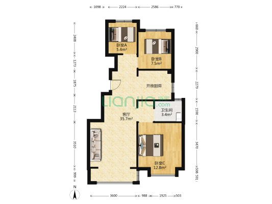 龙湖天璞 3室1厅1卫 89平方