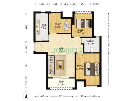 水韵花都家园二期南组团 3室1厅1卫 84平方